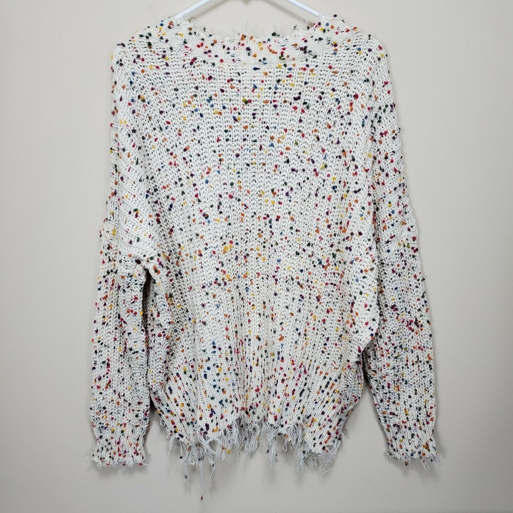 MAIN STRIP Knit V Neck Sweater Large L Cream Multicolor Dots Raw Hem LS NWT - Picture 6 of 9